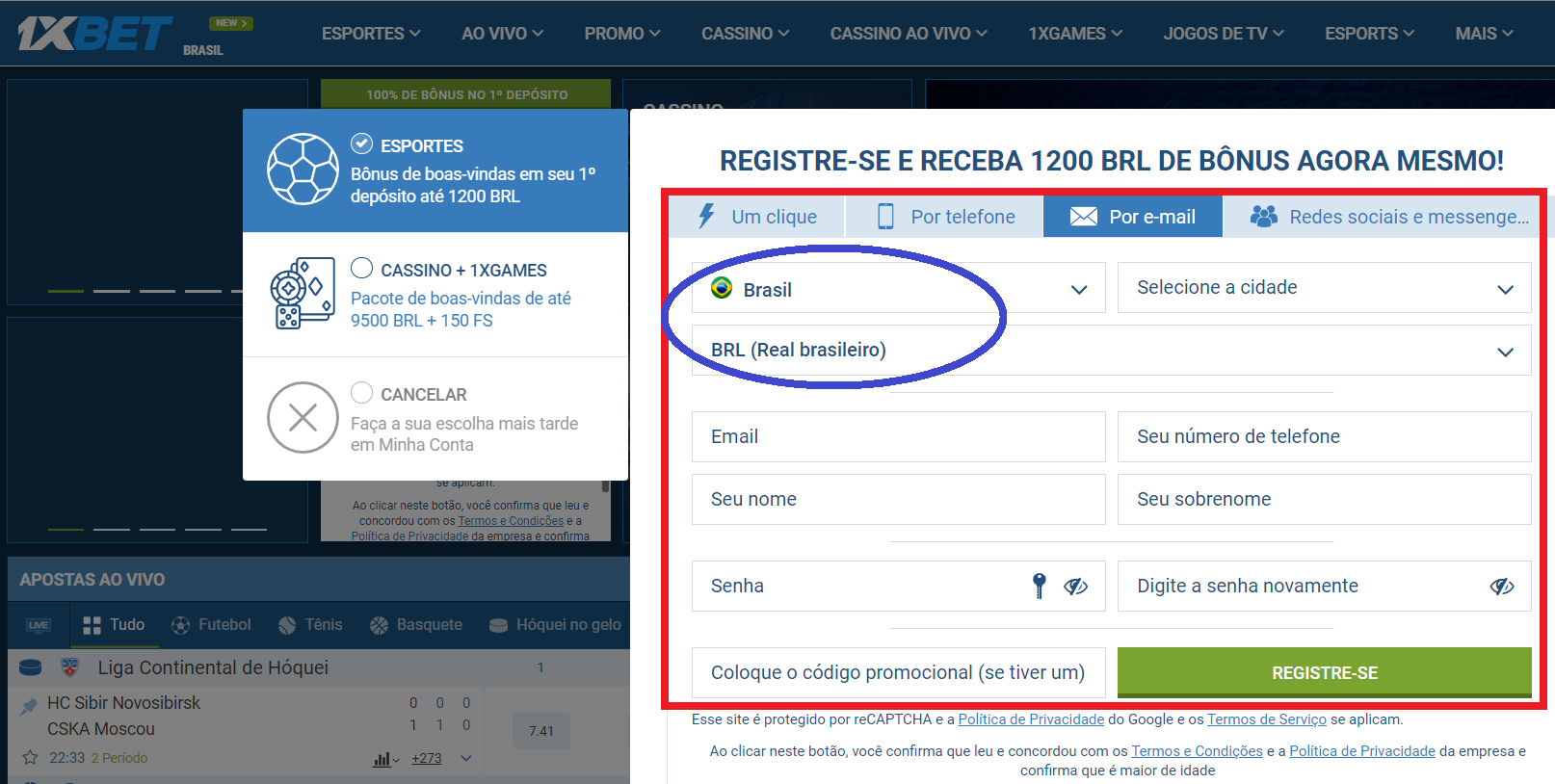 Como realizar o 1xBet registo no Brasil?